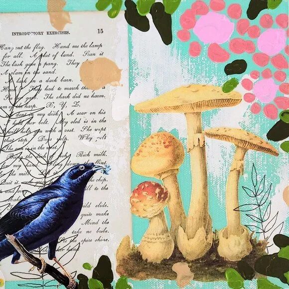 Hand Crafted "Introductory Exercises 2" Original Art on Canvas Bird Floral